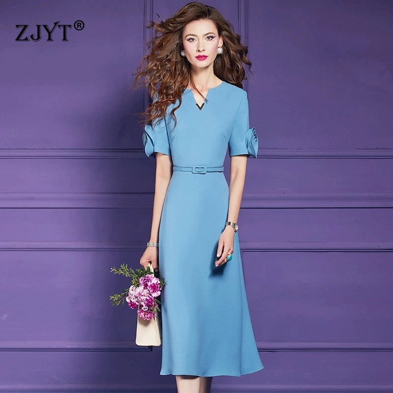 ZJYT Women's 3D Floral Short Sleeve Summer Blue Dress Plus Size Elegant V Neck Midi Office Party Casual Dresses Female Vestidos
ZJYT Women's 3D Floral Short Sleeve Summer Blue Dress Plus Size Elegant V Neck Midi Office Party Casual Dresses Female Vestidos
