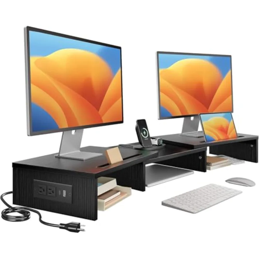 Dual Monitor Stand -Monitor Stand with USB ports, Adjustable Length and Angle, Dual monitor riser w/ Desktop Socket, Monitor St