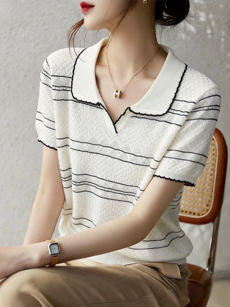 Lapel Gray Stripesknitting Short-sleeved T-shirt Women's Summer 2026new Arrival Age-reducing Thin Loosetops
Lapel Gray Stripesknitting Short-sleeved T-shirt Women's Summer 2026new Arrival Age-reducing Thin Loosetops