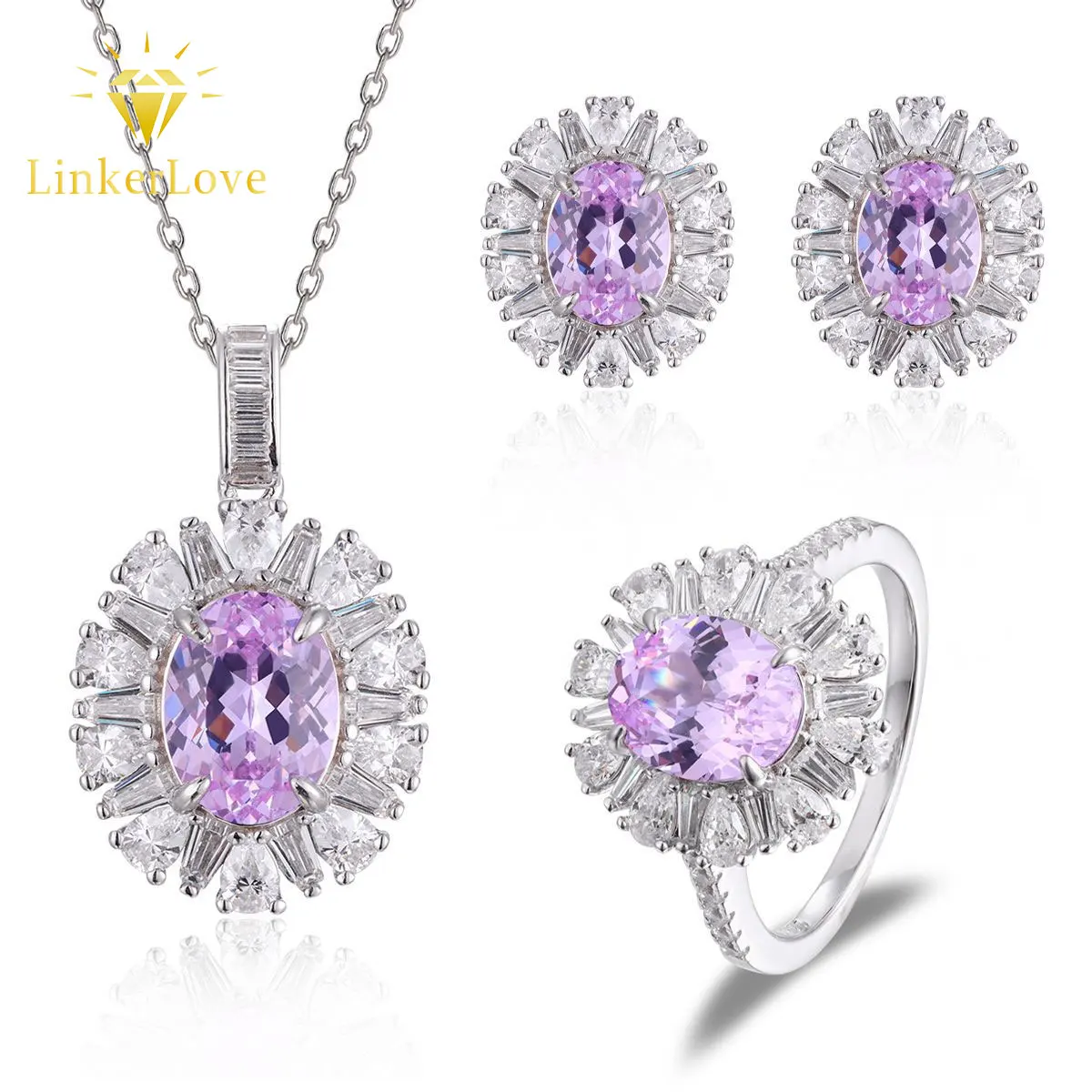 LinkerLove S925 Silver Oval Cut Violet Gemstone Sunflower Halo Necklace Earrings Ring Bridal Jewelry Set with Pave Set Zircon
LinkerLove S925 Silver Oval Cut Violet Gemstone Sunflower Halo Necklace Earrings Ring Bridal Jewelry Set with Pave Set Zircon