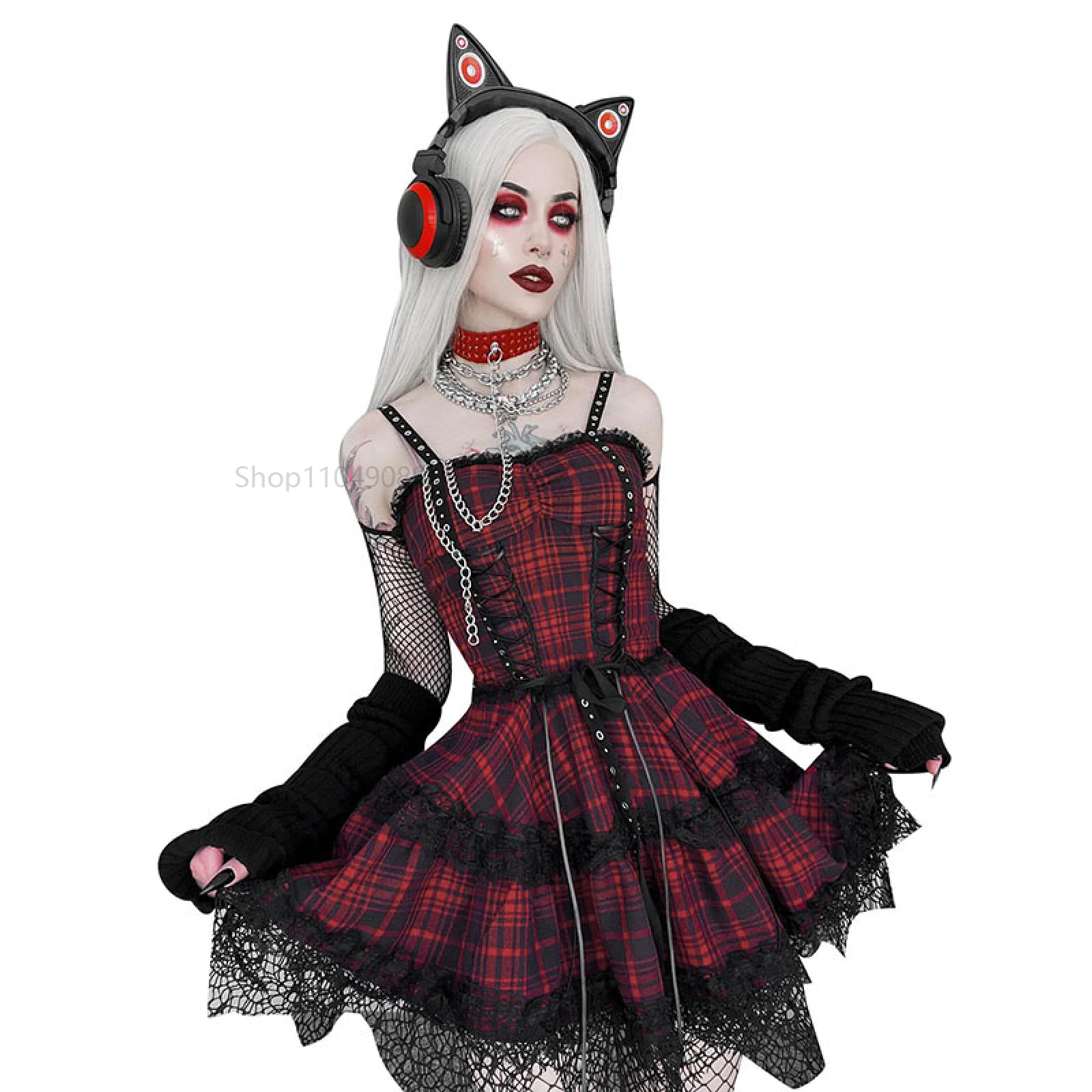 Women's Gothic Dress Plaid Printed Mesh Patchwork Strap Sleeveless A Line Suspender Long Dresses Punk Rock Emo Dress Halloween
Women's Gothic Dress Plaid Printed Mesh Patchwork Strap Sleeveless A Line Suspender Long Dresses Punk Rock Emo Dress Halloween