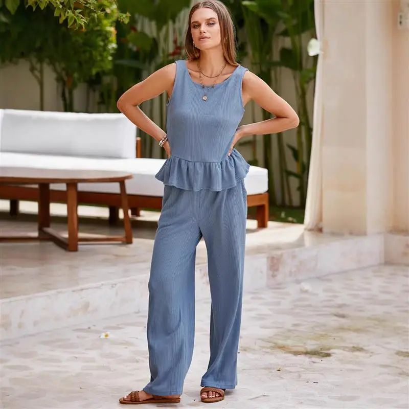 Повседневный однотонный женский комплект из топа и длинных брюк с кружевным подолом, двухсекционная трансграничная женская одежда
Повседневный однотонный женский комплект из топа и длинных брюк с кружевным подолом, двухсекционная трансграничная женская одежда