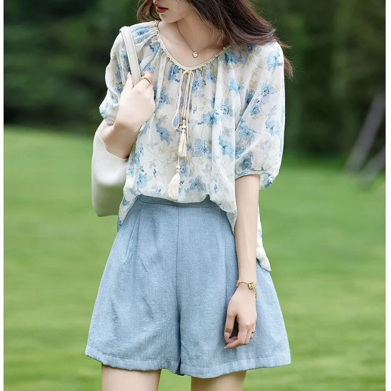 Women's Floral Chiffon Blouse Puff Sleeve Tassel Tie Loose Summer Top
Women's Floral Chiffon Blouse Puff Sleeve Tassel Tie Loose Summer Top