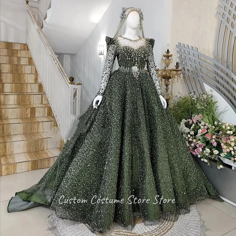 Army Green Luxurious A-Line Ball Gown Round Neck Illusion Long Sleeves Lavish Rhinestone Embellishment Albanian Customized Eveni
Army Green Luxurious A-Line Ball Gown Round Neck Illusion Long Sleeves Lavish Rhinestone Embellishment Albanian Customized Eveni