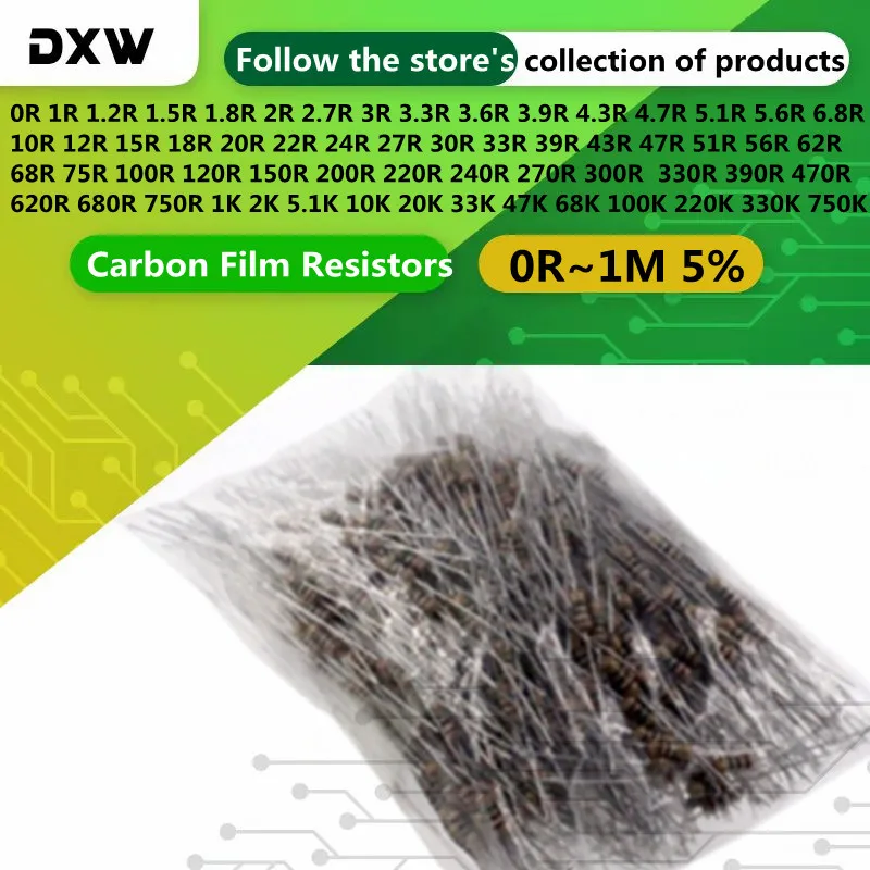 1000PCS 1/4W 0.25W Carbon Film Resistors 5% 0R~1M 10R 33R 47R 100R 220R 360R 470R 1K 2.2K 10K 22K 4K7 100K Ring Power Resistor
1000PCS 1/4W 0.25W Carbon Film Resistors 5% 0R~1M 10R 33R 47R 100R 220R 360R 470R 1K 2.2K 10K 22K 4K7 100K Ring Power Resistor