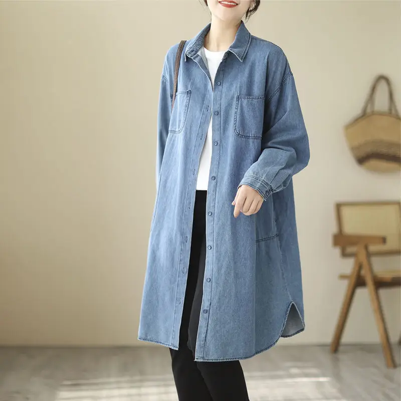 Design Retro Cotton Denim Shirts For Women's Spring Top Medium And Long Sleeved Coat Trend Single Breasted Jacket Jeans Z387
Design Retro Cotton Denim Shirts For Women's Spring Top Medium And Long Sleeved Coat Trend Single Breasted Jacket Jeans Z387