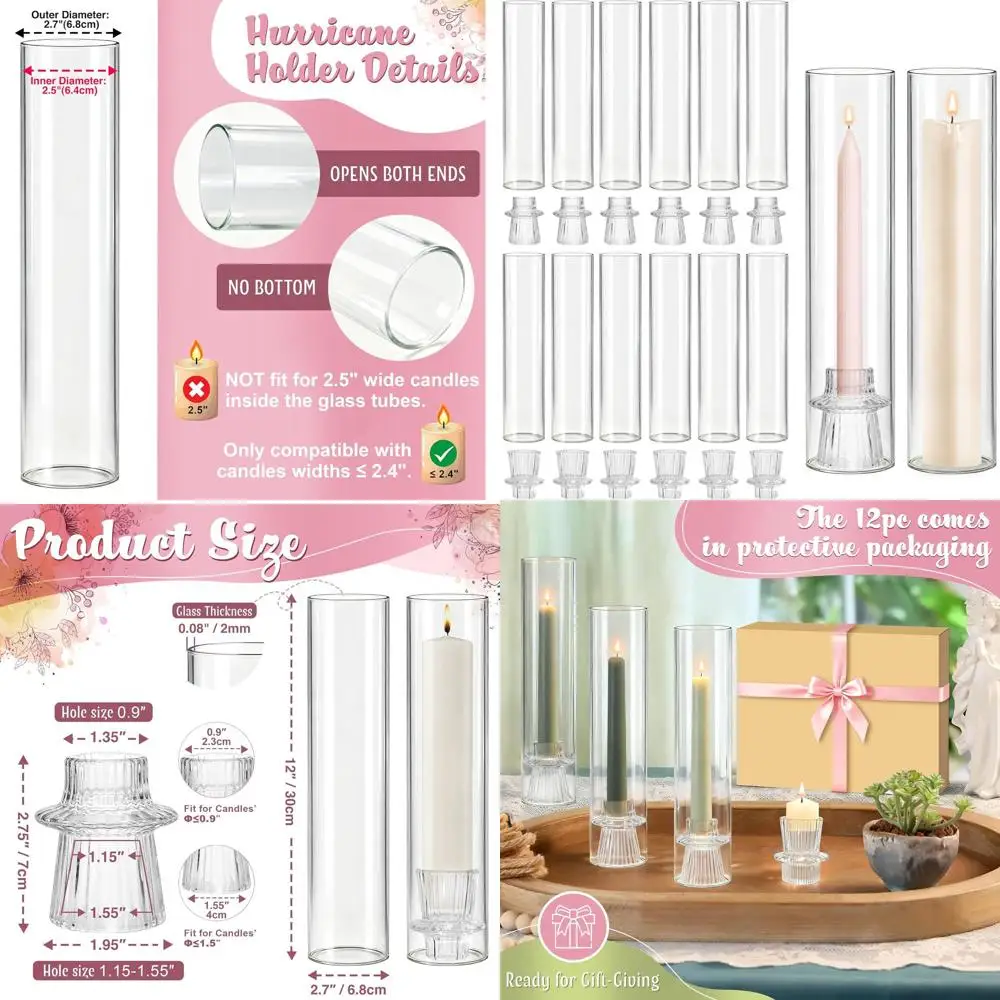 12 Clear Glass Candle Holders Set - Elegant Cylinder for Taper Candles, Perfect for Weddings, Parties, and Home Décor
12 Clear Glass Candle Holders Set - Elegant Cylinder for Taper Candles, Perfect for Weddings, Parties, and Home Décor