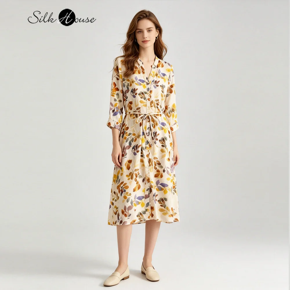 Women's Fashion Spring/Summer New 100%Natural Mulberry Silk 04Crepe De Chine V-Neck Leaves Printed Belt Casual Shirt Dress
Women's Fashion Spring/Summer New 100%Natural Mulberry Silk 04Crepe De Chine V-Neck Leaves Printed Belt Casual Shirt Dress
