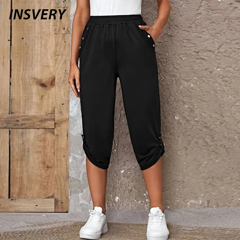 Summer Women High Waist Pants Pocket Solid Casual 3/4 Trousers For Women Loose Pants Black
Summer Women High Waist Pants Pocket Solid Casual 3/4 Trousers For Women Loose Pants Black