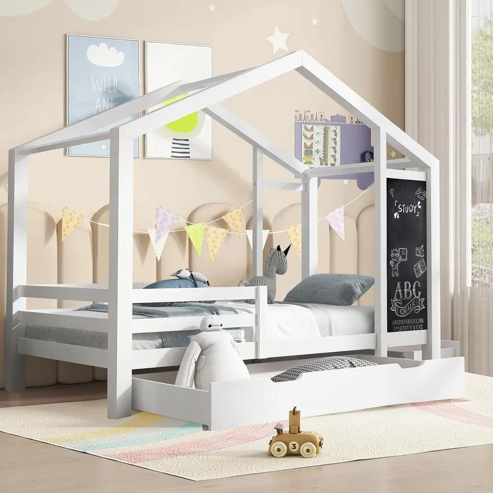 White Twin Size Platform Bed with Desk, Blackboard, and Storage for Kids or Teens
White Twin Size Platform Bed with Desk, Blackboard, and Storage for Kids or Teens