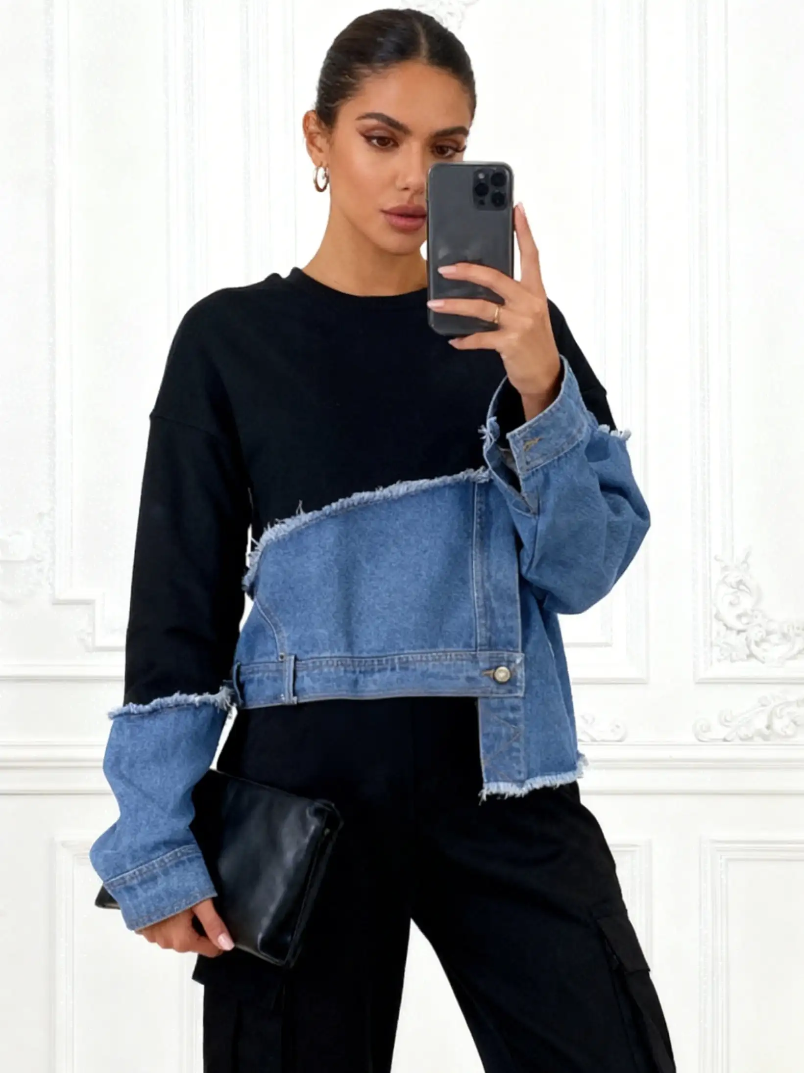 Women's Black & Denim Patchwork Sweatshirt - Raw Edge, Loose Fit, Streetwear Top
Women's Black & Denim Patchwork Sweatshirt - Raw Edge, Loose Fit, Streetwear Top