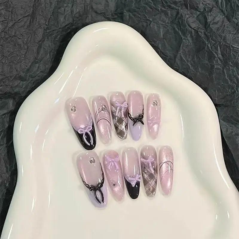 10pcs Handmade French Press On Nails Glitter Purple Cat Eye Bow Rhinestone Design Sweet Long Oval False Nails Wearable Fake Nail
10pcs Handmade French Press On Nails Glitter Purple Cat Eye Bow Rhinestone Design Sweet Long Oval False Nails Wearable Fake Nail