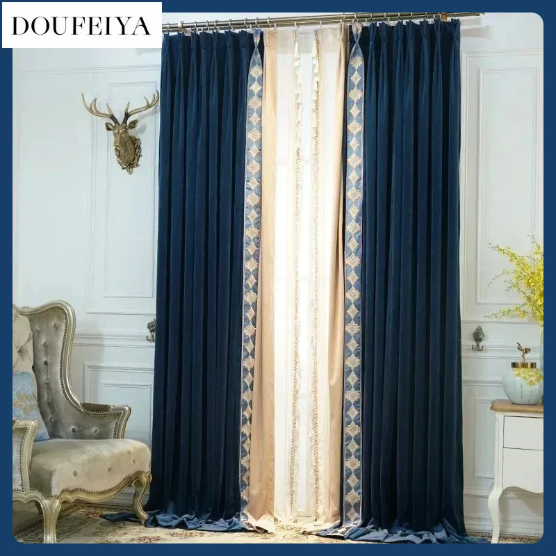 Luxury Blue Velvet Blackout Curtains for Living Dining Room Bedroom Deep Embroidered Splicing Lace Finished Curtains Customize 
Luxury Blue Velvet Blackout Curtains for Living Dining Room Bedroom Deep Embroidered Splicing Lace Finished Curtains Customize