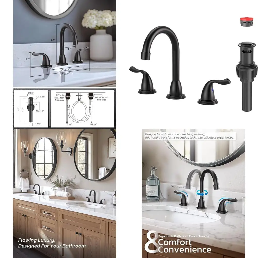 8 Widespread Matte Black 3-Hole Bathroom Faucet with 2 Handles, 360° Swivel, Pop-Up Drain and UPC Supply Lines
8 Widespread Matte Black 3-Hole Bathroom Faucet with 2 Handles, 360° Swivel, Pop-Up Drain and UPC Supply Lines