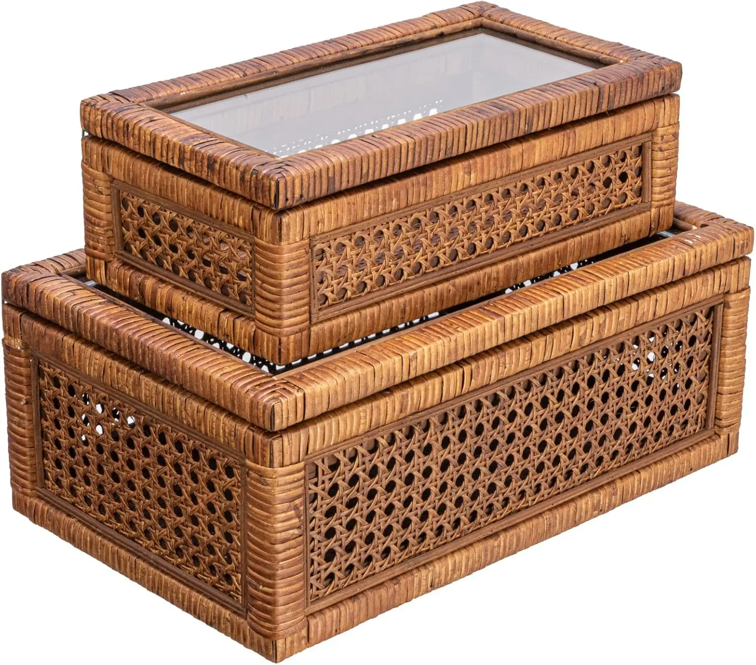 Modern Decorative Rectangle Woven Rattan and Wood Display Boxes with Glass Top Set of 2 Sizes Dark Brown Finish Rectangular
Modern Decorative Rectangle Woven Rattan and Wood Display Boxes with Glass Top Set of 2 Sizes Dark Brown Finish Rectangular