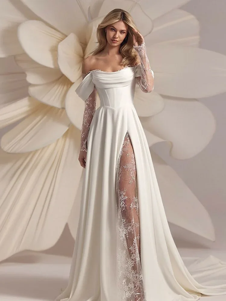 Lace Long Sleeve Wedding Dresses Off Shoulder A-Line Bridal Gowns Backless Princess Appliques Bride Gown Customized
Lace Long Sleeve Wedding Dresses Off Shoulder A-Line Bridal Gowns Backless Princess Appliques Bride Gown Customized