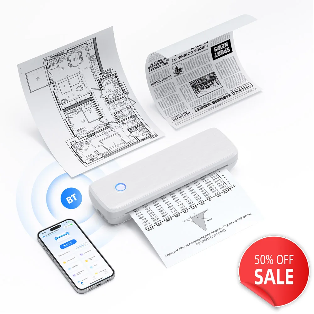 Portable Printers Wireless for Travel Bluetooth A4 Thermal Printer Inkless Mobile Printer Support 8.5''x11'' & A4 Thermal Paper
Portable Printers Wireless for Travel Bluetooth A4 Thermal Printer Inkless Mobile Printer Support 8.5''x11'' & A4 Thermal Paper