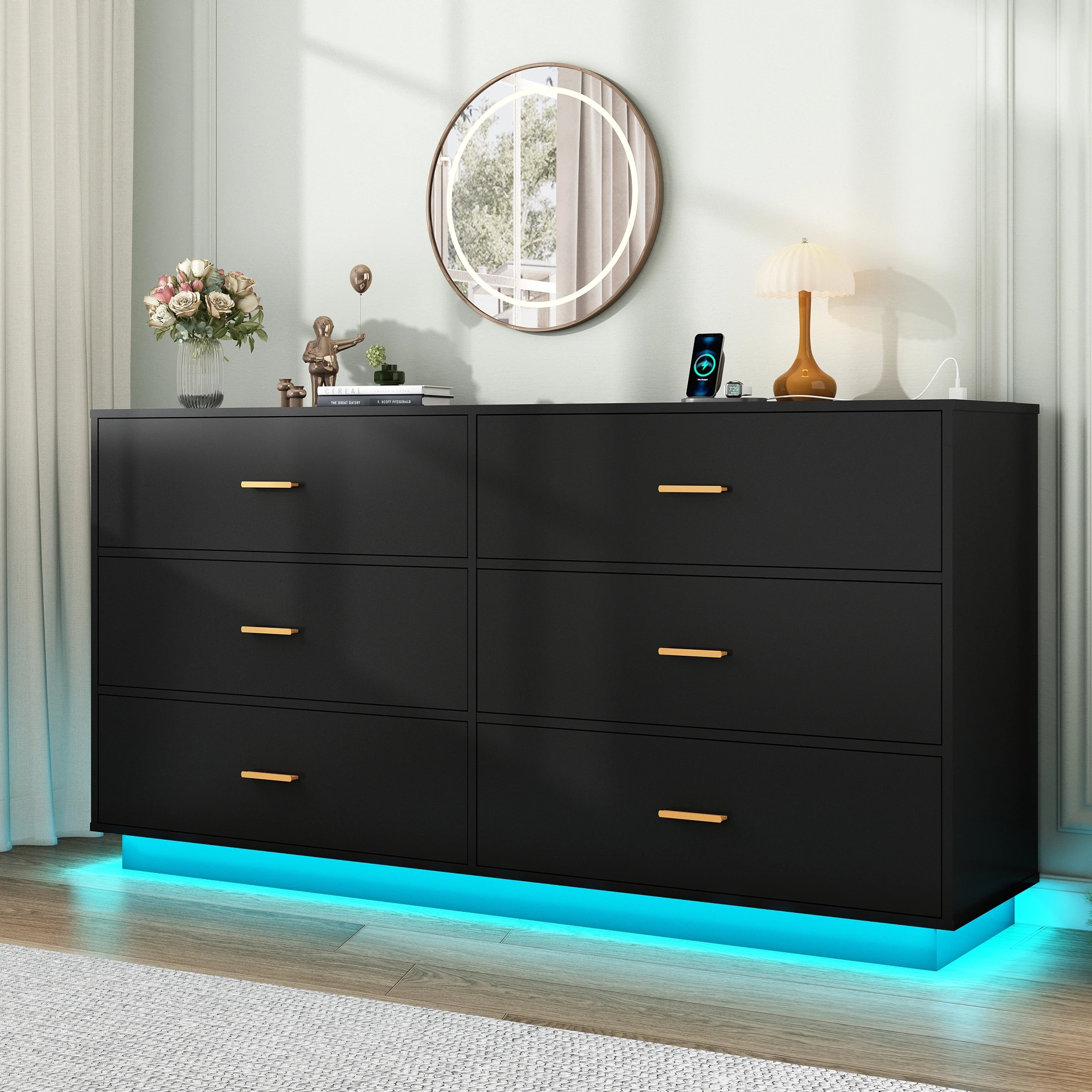 6 Drawers Dresser w/Power Outlet, 59" Long Wooden Dresser Chest, 60000-Colors Lights for Bedroom, Metal Handles of Drawers
6 Drawers Dresser w/Power Outlet, 59" Long Wooden Dresser Chest, 60000-Colors Lights for Bedroom, Metal Handles of Drawers