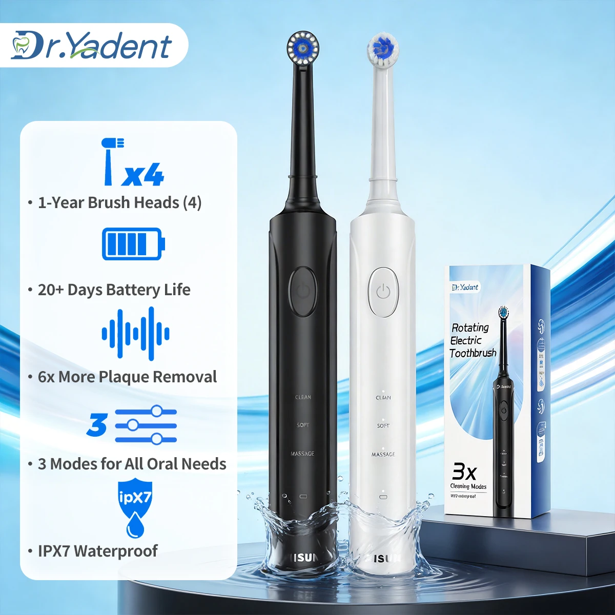 DrYadent Rotating Toothbrush YD2233 2mins Smart Timer with 3 Intelligence Modes Long-Lasting Usage with 4 Brush Heads Gum Cares
DrYadent Rotating Toothbrush YD2233 2mins Smart Timer with 3 Intelligence Modes Long-Lasting Usage with 4 Brush Heads Gum Cares