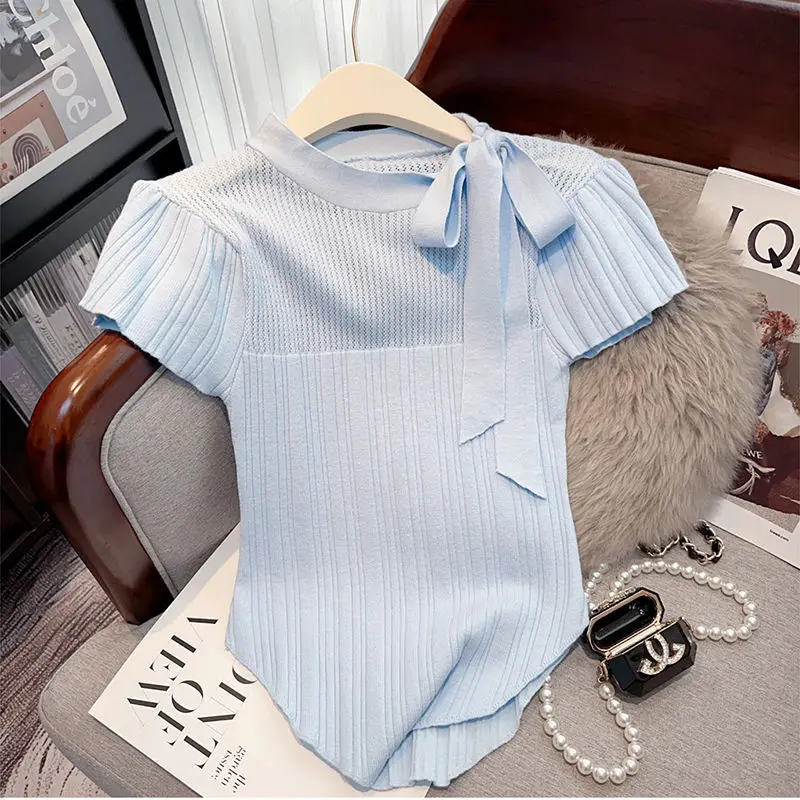 Summer Knitwear Elegant Solid O-neck Bow Lace Up Tops Women Elastic Sweet Fashion Slim Short Sleeve Pullovers
Summer Knitwear Elegant Solid O-neck Bow Lace Up Tops Women Elastic Sweet Fashion Slim Short Sleeve Pullovers