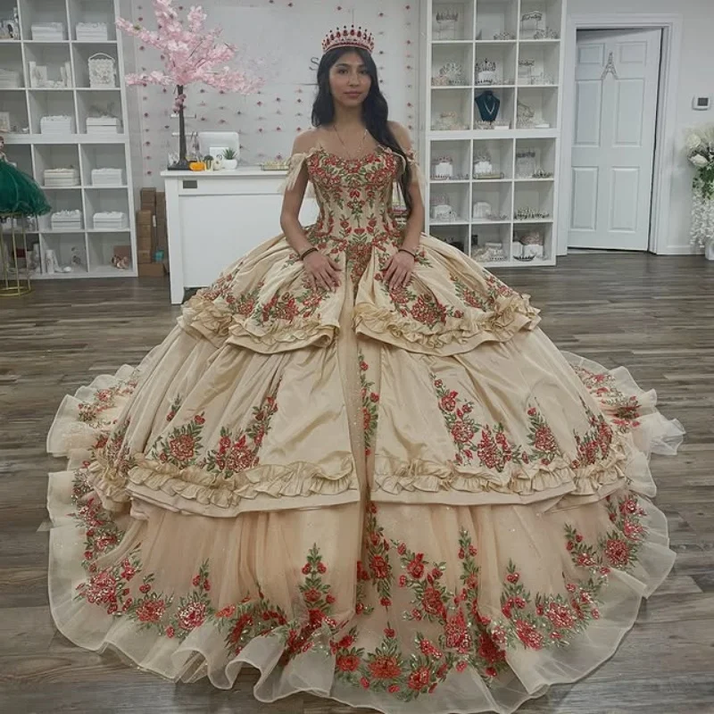 champagne Quinceanera Dress off-shoulder Glitter flower Decal layering Long tail Bow Vestidos De 15 Quinceanera Customize
champagne Quinceanera Dress off-shoulder Glitter flower Decal layering Long tail Bow Vestidos De 15 Quinceanera Customize