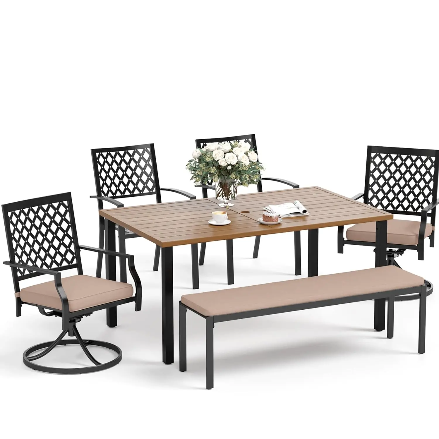 6-Piece Patio Dining Set 60x36 Table Umbrella Hole 2 Leg & 2 Swivel Chairs Cushioned Bench Outdoor Furniture Customized
6-Piece Patio Dining Set 60x36 Table Umbrella Hole 2 Leg & 2 Swivel Chairs Cushioned Bench Outdoor Furniture Customized
