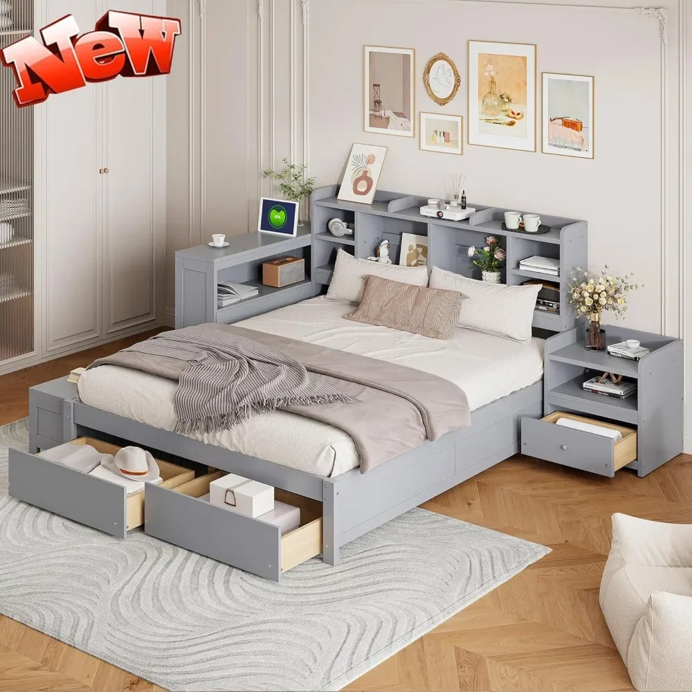 Fulls Bed with Bookcase Headboard, Full Storage Bed Frame with USB Ports & Desk, Wooden Full Size Platform Beds with Nightstand
Fulls Bed with Bookcase Headboard, Full Storage Bed Frame with USB Ports & Desk, Wooden Full Size Platform Beds with Nightstand