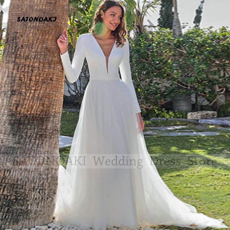 Elegant Simple V-Neck Satin Wedding Dresses for Women A-Line Sweep Train Long Sleeves Bride Gown Vestidos De Novia Custom Made 
Elegant Simple V-Neck Satin Wedding Dresses for Women A-Line Sweep Train Long Sleeves Bride Gown Vestidos De Novia Custom Made