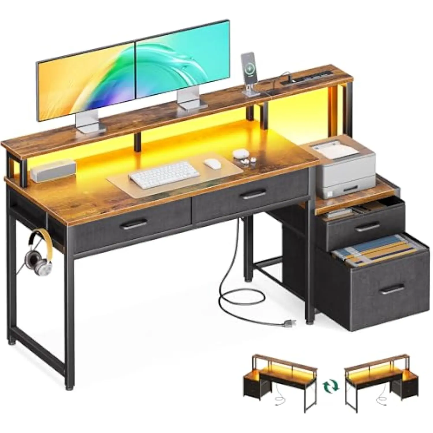 AODK Computer Desk with 4 Drawers, 55 Inch Reversible Desk with Led Lights & Power Outlet, Office Desk with File Drawer & Monit
AODK Computer Desk with 4 Drawers, 55 Inch Reversible Desk with Led Lights & Power Outlet, Office Desk with File Drawer & Monit