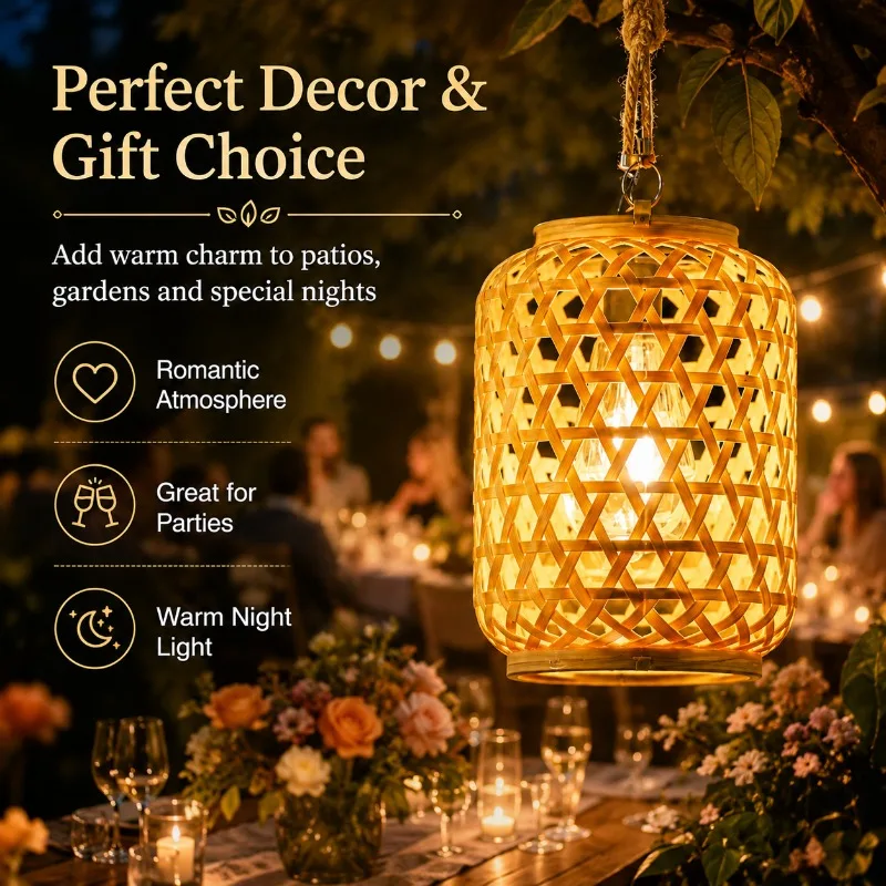 Solar Lantern Retro Bamboo Woven Imitation Plastic Lantern Tungsten Filament Light Bulb Waterproof Courtyard Decoration Lantern
Solar Lantern Retro Bamboo Woven Imitation Plastic Lantern Tungsten Filament Light Bulb Waterproof Courtyard Decoration Lantern