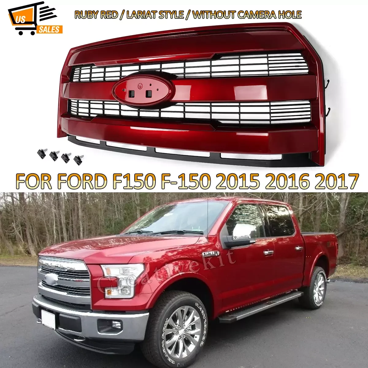 Modified For Ford F150 Grill Front Grille Assembly F-150 Lariat 2015 2016 2017 Front Bumper Grille W/o Camera Hole Ruby Red RR
Modified For Ford F150 Grill Front Grille Assembly F-150 Lariat 2015 2016 2017 Front Bumper Grille W/o Camera Hole Ruby Red RR
