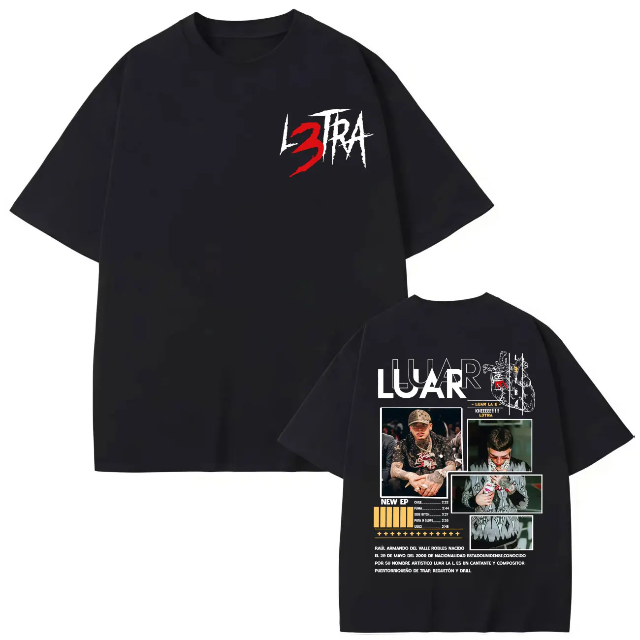 Rapper Luar La L L3TRA Album T Shirt Harajuku Hip Hop Pop Music Short Sleeve T-shirts Men Women Casual Fashion Oversized T-shirt
Rapper Luar La L L3TRA Album T Shirt Harajuku Hip Hop Pop Music Short Sleeve T-shirts Men Women Casual Fashion Oversized T-shirt