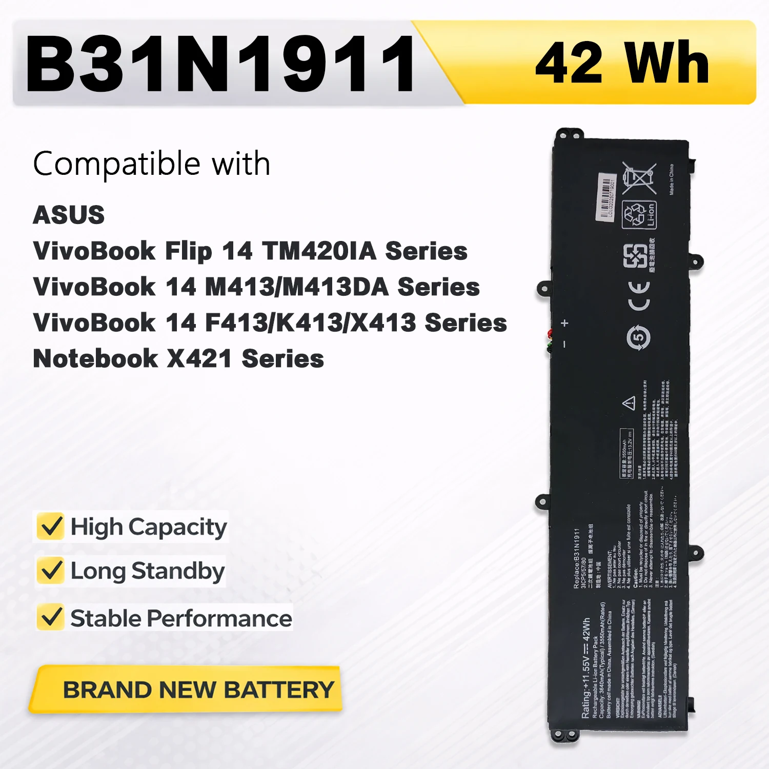 PowerHub B31N1911 11.55V 42Wh Laptop Battery For ASUS VivoBook Flip 14 TM420IA M413 F413 K413 X413 Replace C31N1911
PowerHub B31N1911 11.55V 42Wh Laptop Battery For ASUS VivoBook Flip 14 TM420IA M413 F413 K413 X413 Replace C31N1911