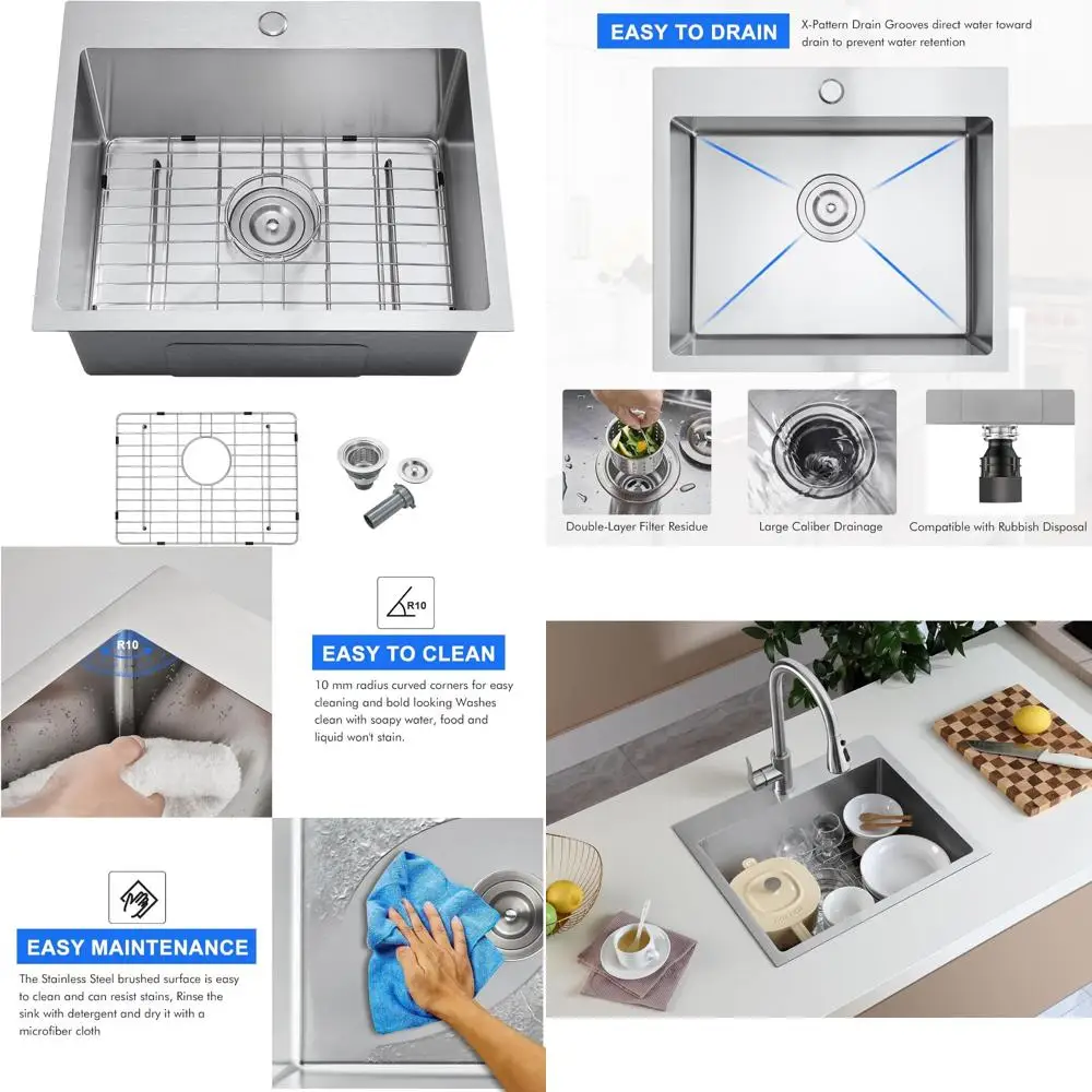 Кухонная мойка с одной чашей из нержавеющей стали, 18 калибров, верхнее крепление 21x18 дюймов, со сливной сборкой и решеткой для современных кухонь
Кухонная мойка с одной чашей из нержавеющей стали, 18 калибров, верхнее крепление 21x18 дюймов, со сливной сборкой и решеткой для современных кухонь