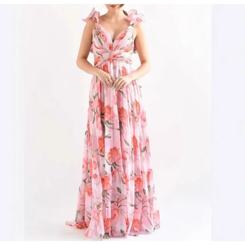 2026 Women's New Deep V Chiffon Long Printed Sleeveless Temperament Flower Dress Evening Dress
2026 Women's New Deep V Chiffon Long Printed Sleeveless Temperament Flower Dress Evening Dress