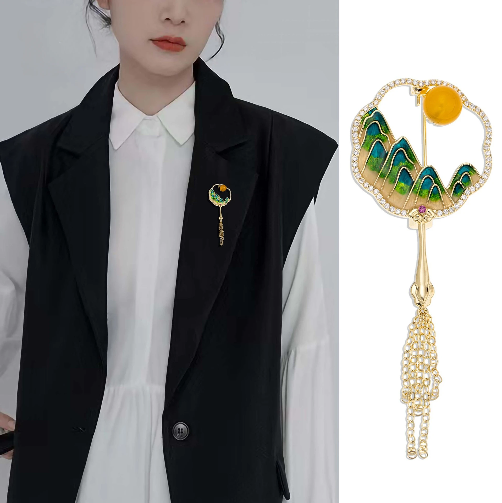 National Wind Mountain River Mingyue Fan Brooch Literary Vintage Cheongsam Corsage Enamel Tassel Pin Suit Accessories
National Wind Mountain River Mingyue Fan Brooch Literary Vintage Cheongsam Corsage Enamel Tassel Pin Suit Accessories