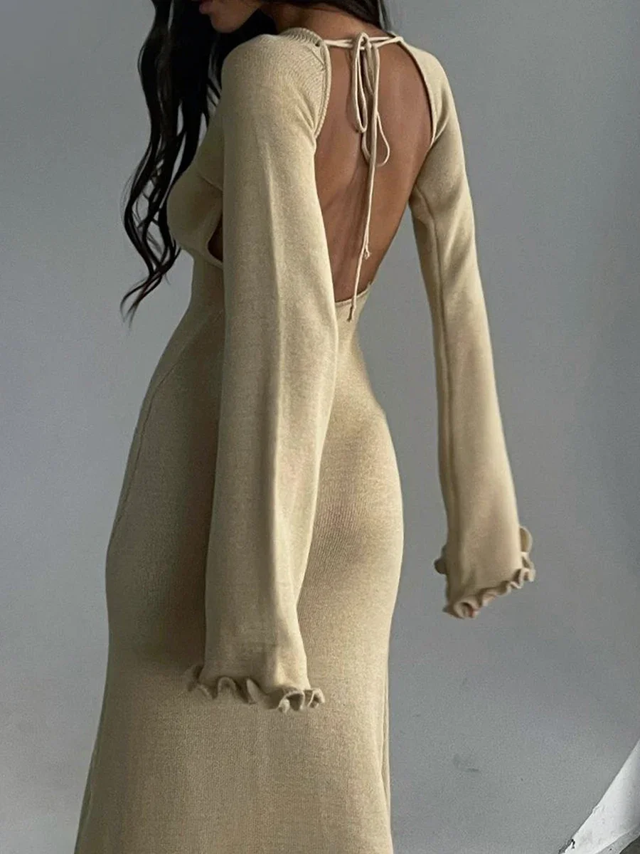 chic and elegant Women's Long Sleeve Knitted Bodycon Dress Tie Backless Round Neck Solid Color Ruffle Trim Long Dress Beachwear
chic and elegant Women's Long Sleeve Knitted Bodycon Dress Tie Backless Round Neck Solid Color Ruffle Trim Long Dress Beachwear