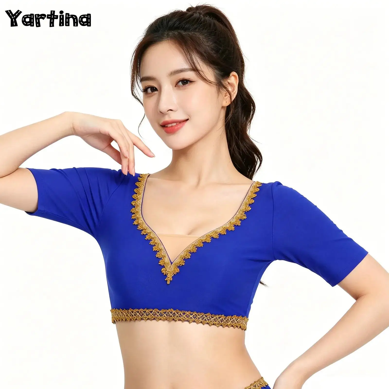 Womens India Belly Folk Dance Crop Top Gold Trim V Neck Short Sleeve Slim-fit Crop Blouse Dance Performance Costume Dancewear
Womens India Belly Folk Dance Crop Top Gold Trim V Neck Short Sleeve Slim-fit Crop Blouse Dance Performance Costume Dancewear