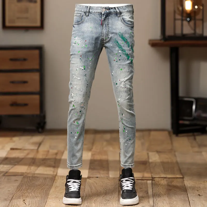 High Street Fashion Men Jeans Retro Light Blue Stretch Skinny Fit Ripped Jeans Men Painted Designer Hip Hop Denim Pencil Pants
High Street Fashion Men Jeans Retro Light Blue Stretch Skinny Fit Ripped Jeans Men Painted Designer Hip Hop Denim Pencil Pants