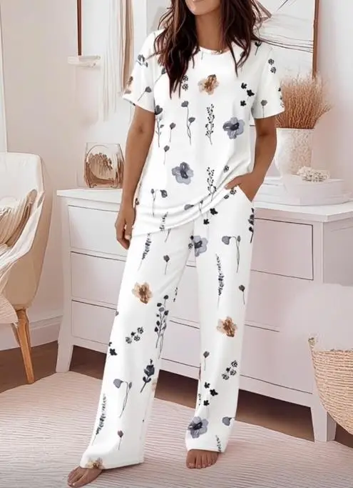 Повседневный женский комплект одежды для сна, летняя футболка с акварельным цветочным принтом, круглым вырезом, короткими рукавами и комплект прямых брюк
Повседневный женский комплект одежды для сна, летняя футболка с акварельным цветочным принтом, круглым вырезом, короткими рукавами и комплект прямых брюк