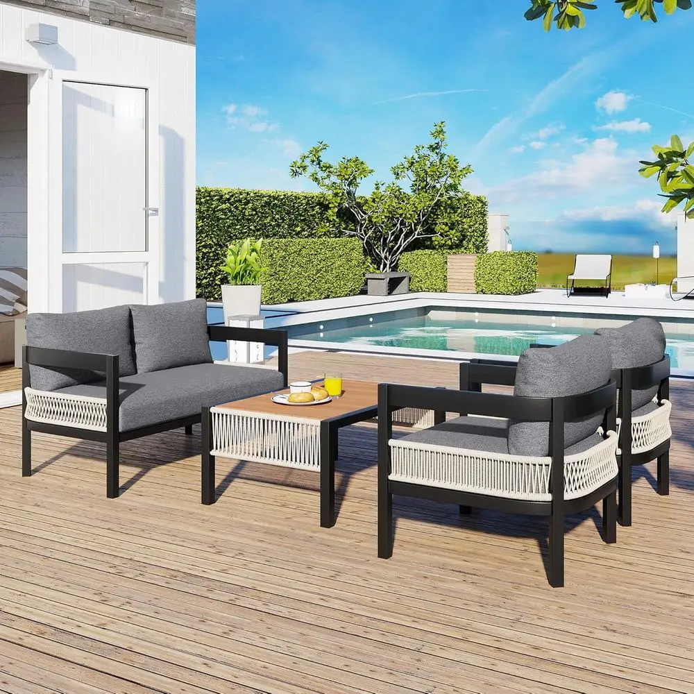 4-Piece Outdoor Patio Sofa Set with Coffee Table, All-Weather Cushions and Pillows, Iron & Wood Grey Tabletop
4-Piece Outdoor Patio Sofa Set with Coffee Table, All-Weather Cushions and Pillows, Iron & Wood Grey Tabletop