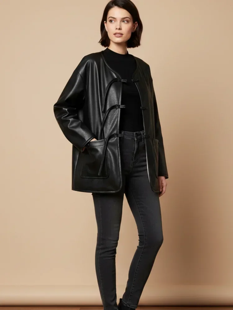 Women Black Round Neck Leather Jacket Casual Long Sleeve Single Breasted Pockets Loose Jackets 2026 Lady Daily Street Outfit
Women Black Round Neck Leather Jacket Casual Long Sleeve Single Breasted Pockets Loose Jackets 2026 Lady Daily Street Outfit