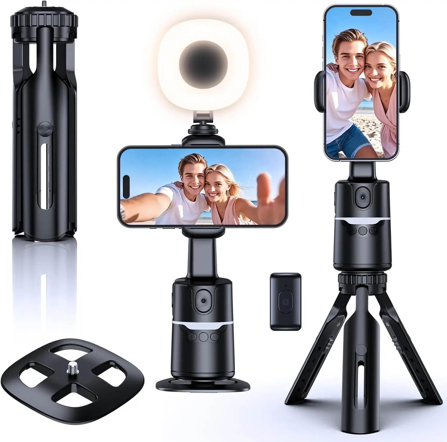 Auto Face Tracking Tripod with 360° Rotation, iPhone Vlogging Kit featuring Remote & Gesture Control, Rechargeable Selfie Light,