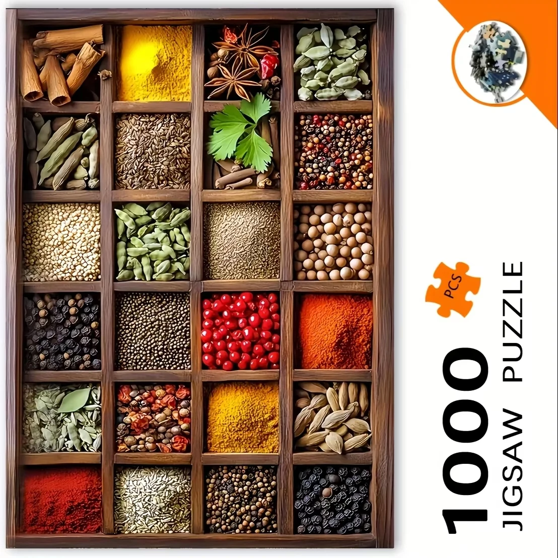 1000pcs Jigsaw Puzzle & Spice Box Combination - White Rectangle Design with Vivid Spice Art, Portable Adult DIY Hobbyist Puzzle
1000pcs Jigsaw Puzzle & Spice Box Combination - White Rectangle Design with Vivid Spice Art, Portable Adult DIY Hobbyist Puzzle