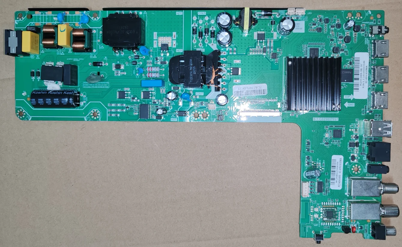 S.T.CS2560P851 Three in one WiFi network TV motherboard, physical photo, tested for 63--69V 650MA
S.T.CS2560P851 Three in one WiFi network TV motherboard, physical photo, tested for 63--69V 650MA