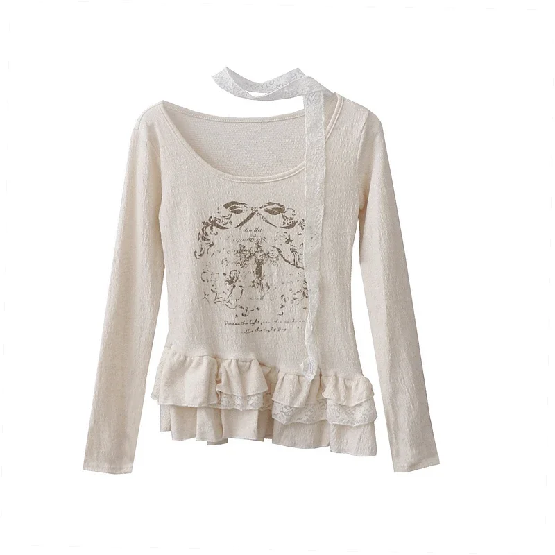 Sweet Hot Girl Spliced Fungus Edged T-shirts Women's Spring Autumn O-neck Lace-up Long-sleeved Printed Slimming Bottoming Shirts
Sweet Hot Girl Spliced Fungus Edged T-shirts Women's Spring Autumn O-neck Lace-up Long-sleeved Printed Slimming Bottoming Shirts