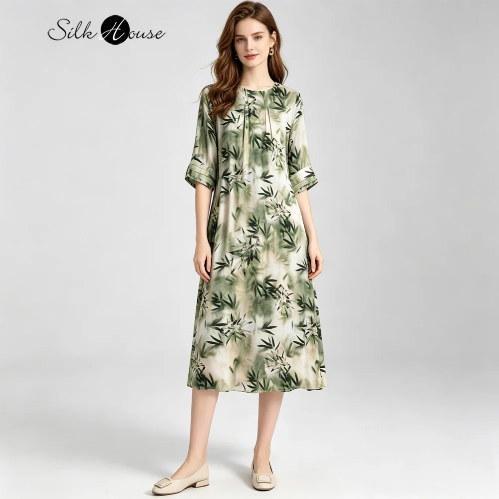 Women's Casual Summer New 100% Natural Mulberry Silk Crepe De Chine Bamboo Green Printed Loose Round Neck Half Sleeve Dress
Women's Casual Summer New 100% Natural Mulberry Silk Crepe De Chine Bamboo Green Printed Loose Round Neck Half Sleeve Dress