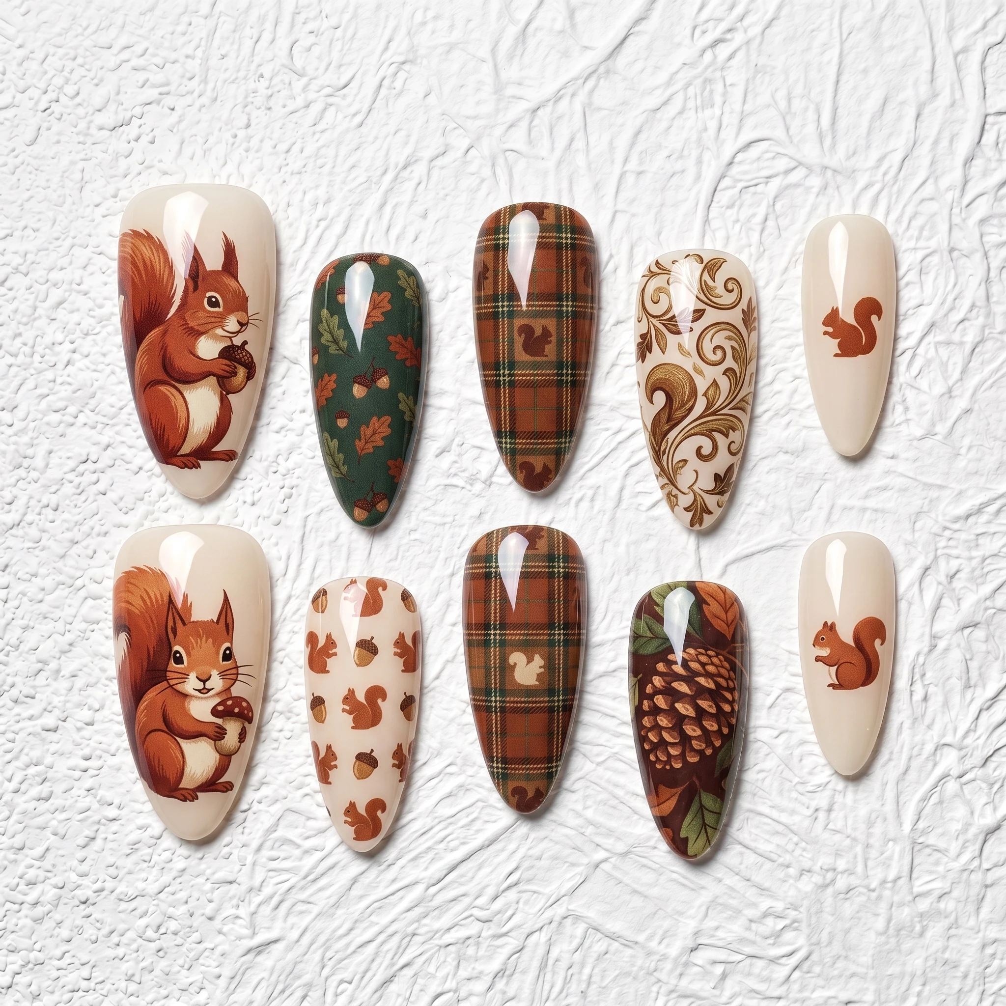 Artisan Handcrafted 10PCS Autumn Forest Almond Press-On Nails | Squirrels, Acorns, Plaid & Pinecones, Glazed Finish, Fall Season
Artisan Handcrafted 10PCS Autumn Forest Almond Press-On Nails | Squirrels, Acorns, Plaid & Pinecones, Glazed Finish, Fall Season