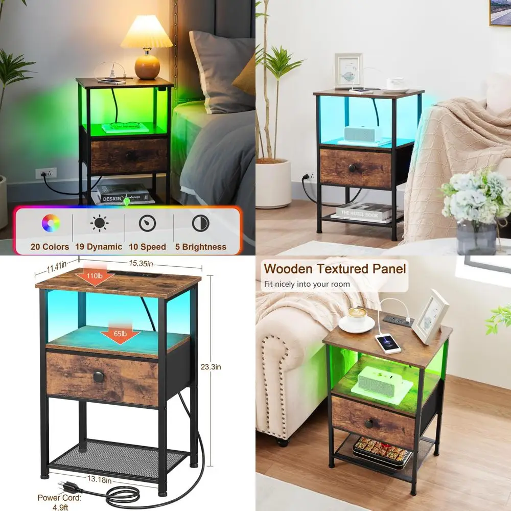 Brown LED-lit Nightstand with Charging Port, Storage Shelf & Fabric Drawer for Compact Spaces
Brown LED-lit Nightstand with Charging Port, Storage Shelf & Fabric Drawer for Compact Spaces