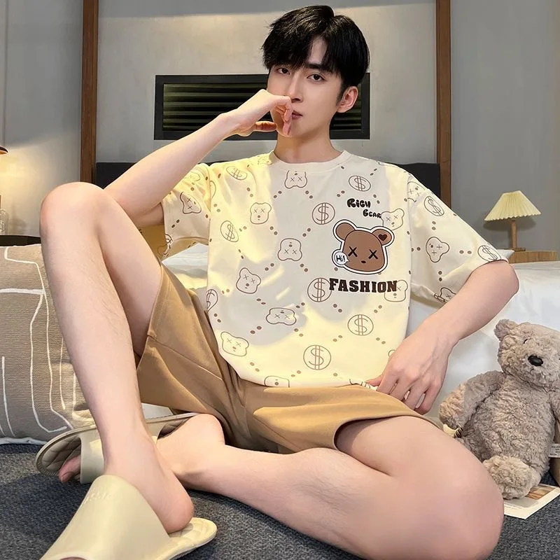 Summer boys' cartoon short-sleeved short pants pajama set for men with loose fit and large size, featuring a long-sleeved top an
Summer boys' cartoon short-sleeved short pants pajama set for men with loose fit and large size, featuring a long-sleeved top an